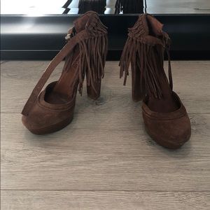 7 for All Mankind brown suede fringe heels